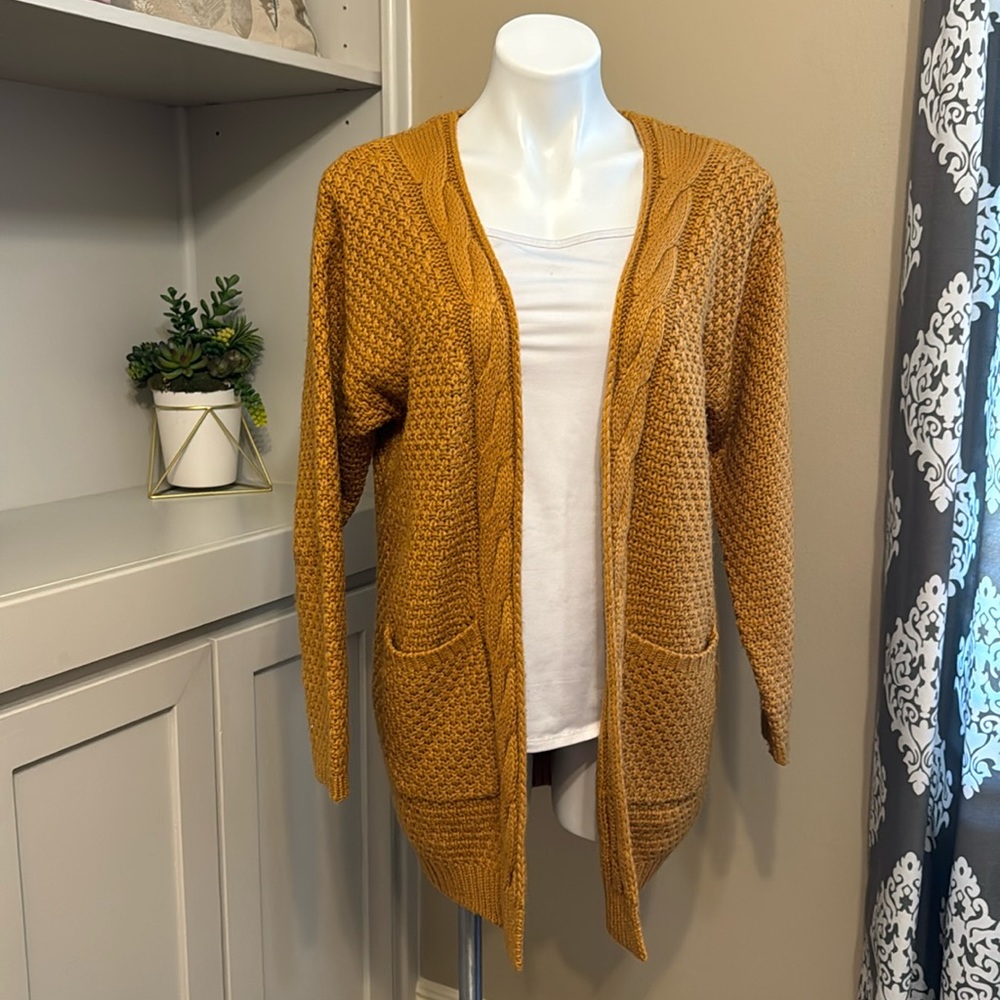 Mustard yellow long cable knit sweater